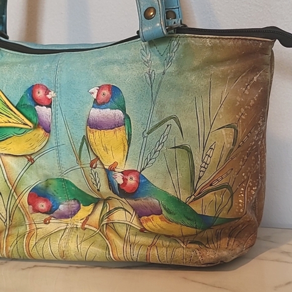 Anuschka Leather Vibrant Hand-Painted Parrot Design Tote Bag Artsy Boho Unique - Picture 3 of 16